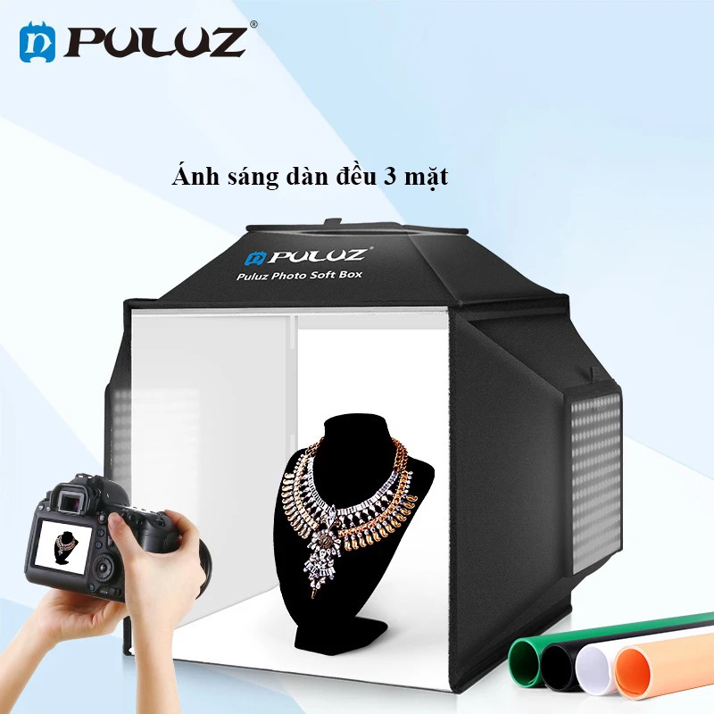 Box Chụp Ảnh Sản Phẩm PULUZ 40 cm 3 Mặt Led  Tặng Kèm 4 phông màu